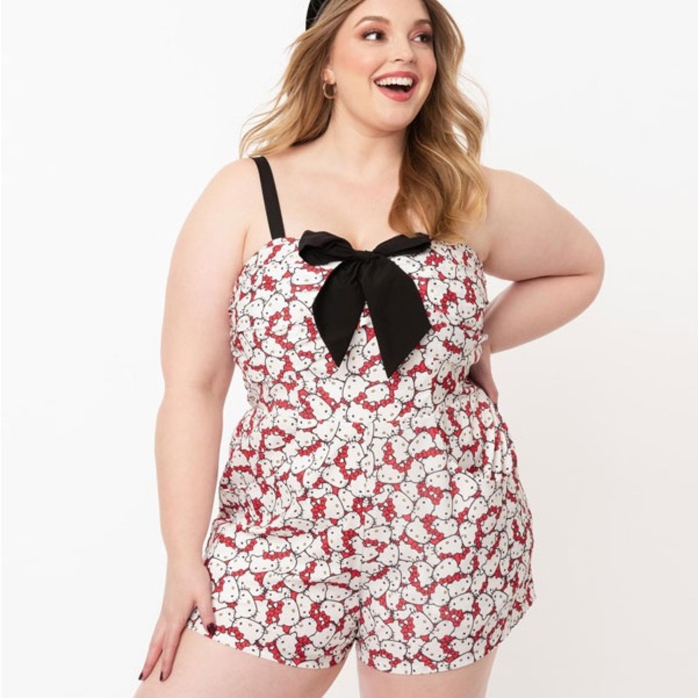 Unique Vintage White and Red Hello Kitty Print Romper with Black Bow - Picture 1 of 8